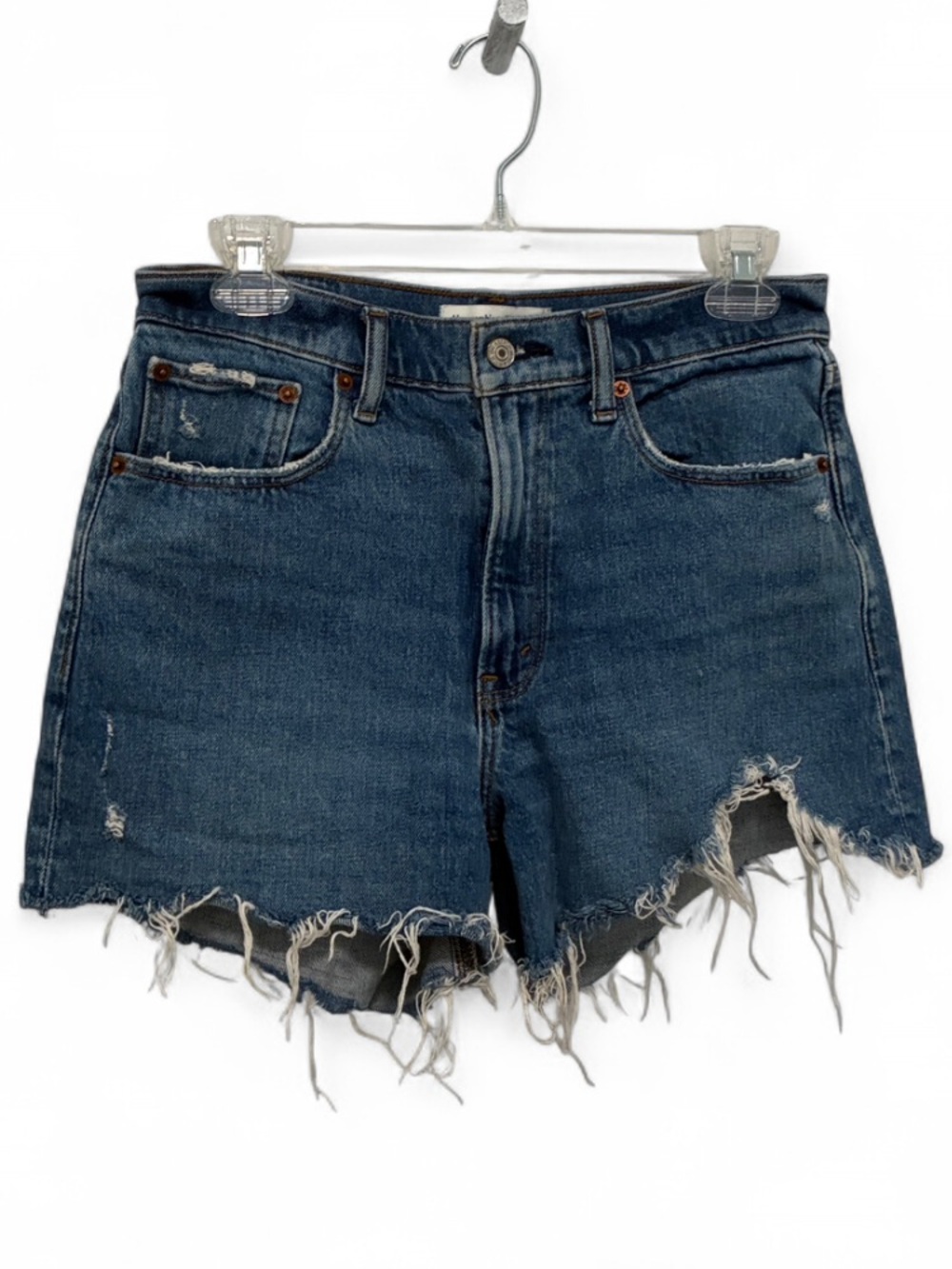 Abercrombie & Fitch 4” High Rise Mom Distressed Dark Blue Denim Shorts